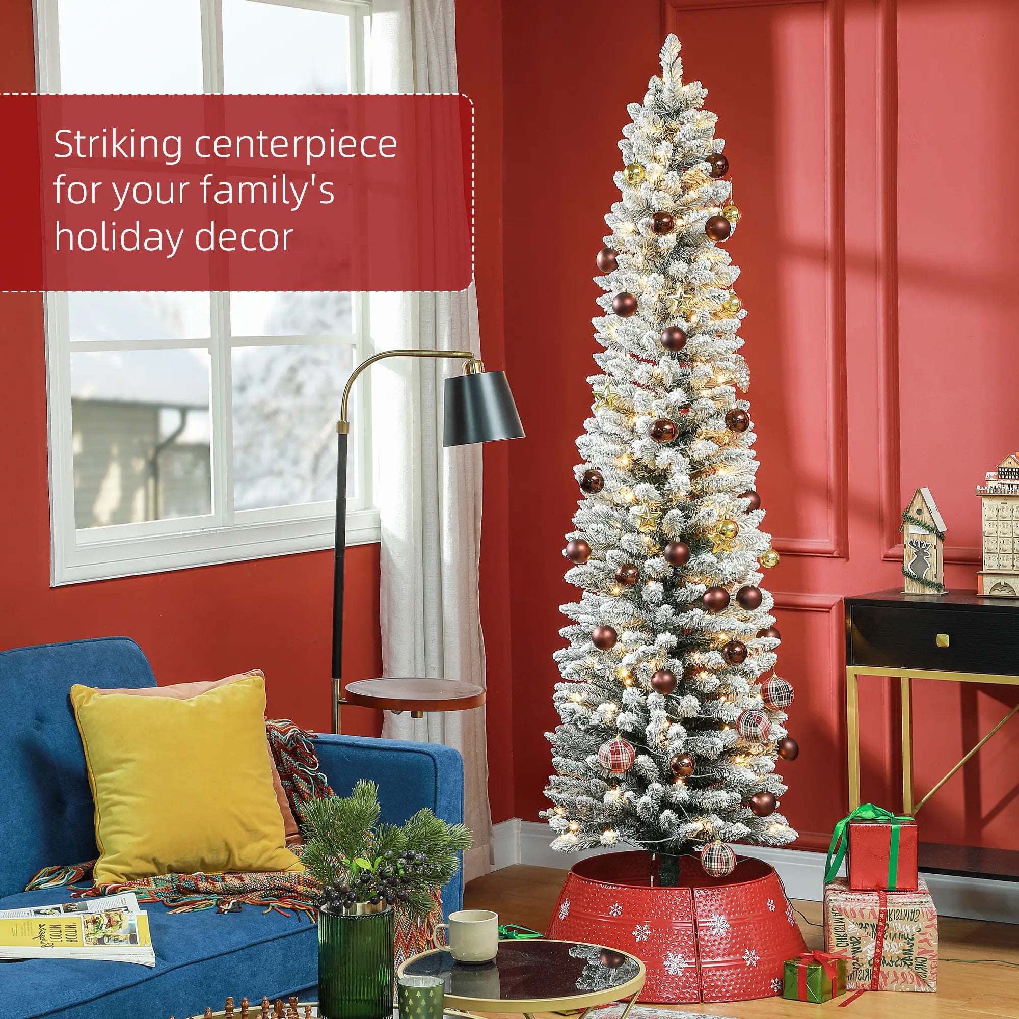 7ft Prelit Snow Flocked Christmas Tree, Metal Base, Warm White LED Pre Lit Christmas Trees at Gallery Canada
