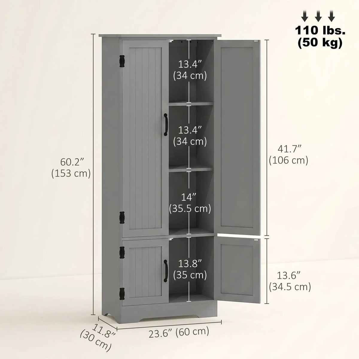 60" 4-Door Storage Cabinet, Multi-Storey Pantry, Adjustable Shelves, Grey, Grey