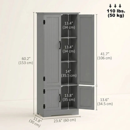 60" 4-Door Storage Cabinet, Multi-Storey Pantry, Adjustable Shelves, Grey, Grey