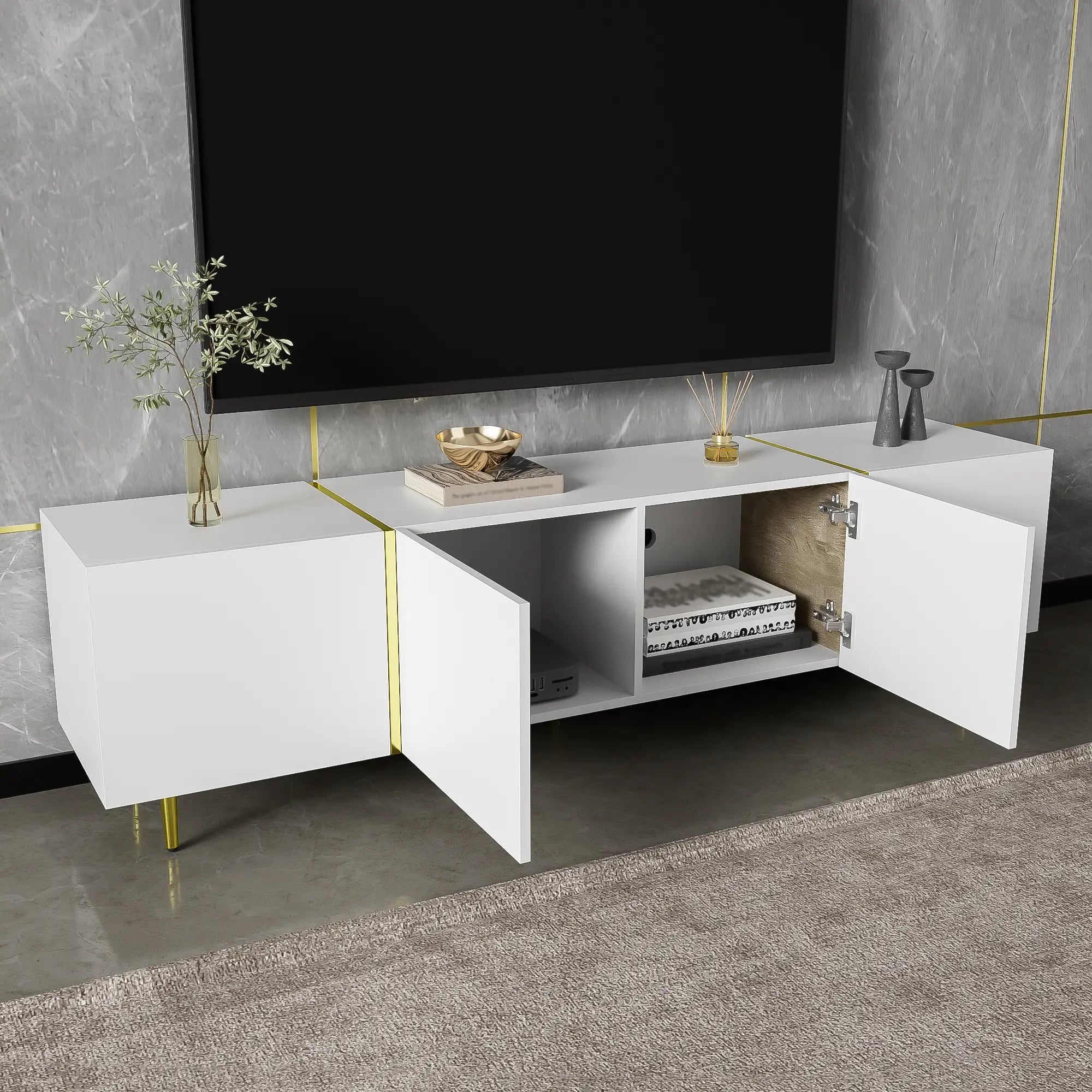 Modern TV Stand, 4 Doors, Soft-Close Hinges, 67