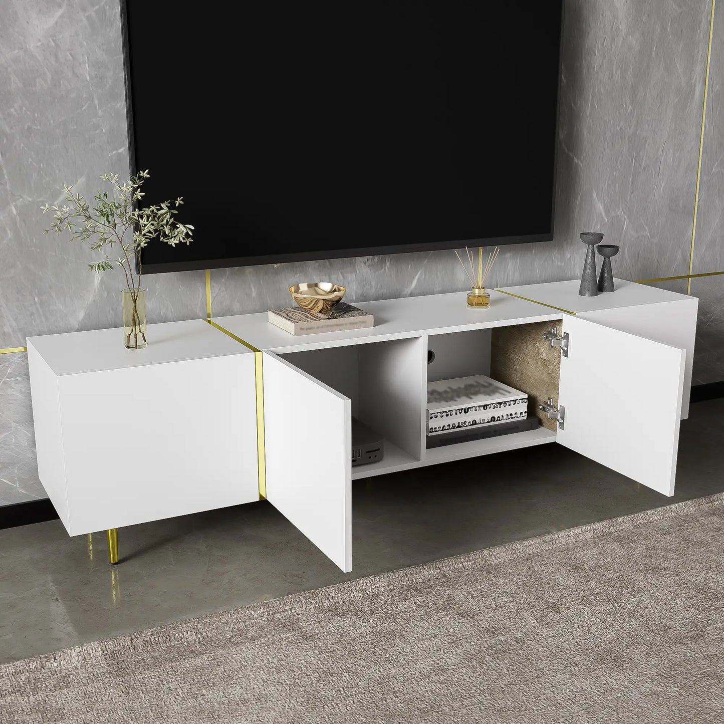 Modern TV Stand, 4 Doors, Soft-Close Hinges, 67" L x 13.5" W x 18" H, White TV Stands at Gallery Canada