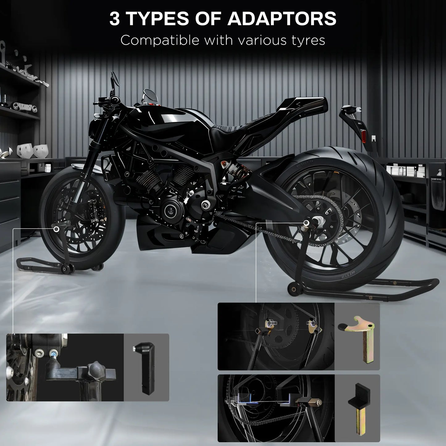 Convertible Motorcycle Stand, Front Rear Lift, 3 Adaptors, Black Automotive at Gallery Canada
