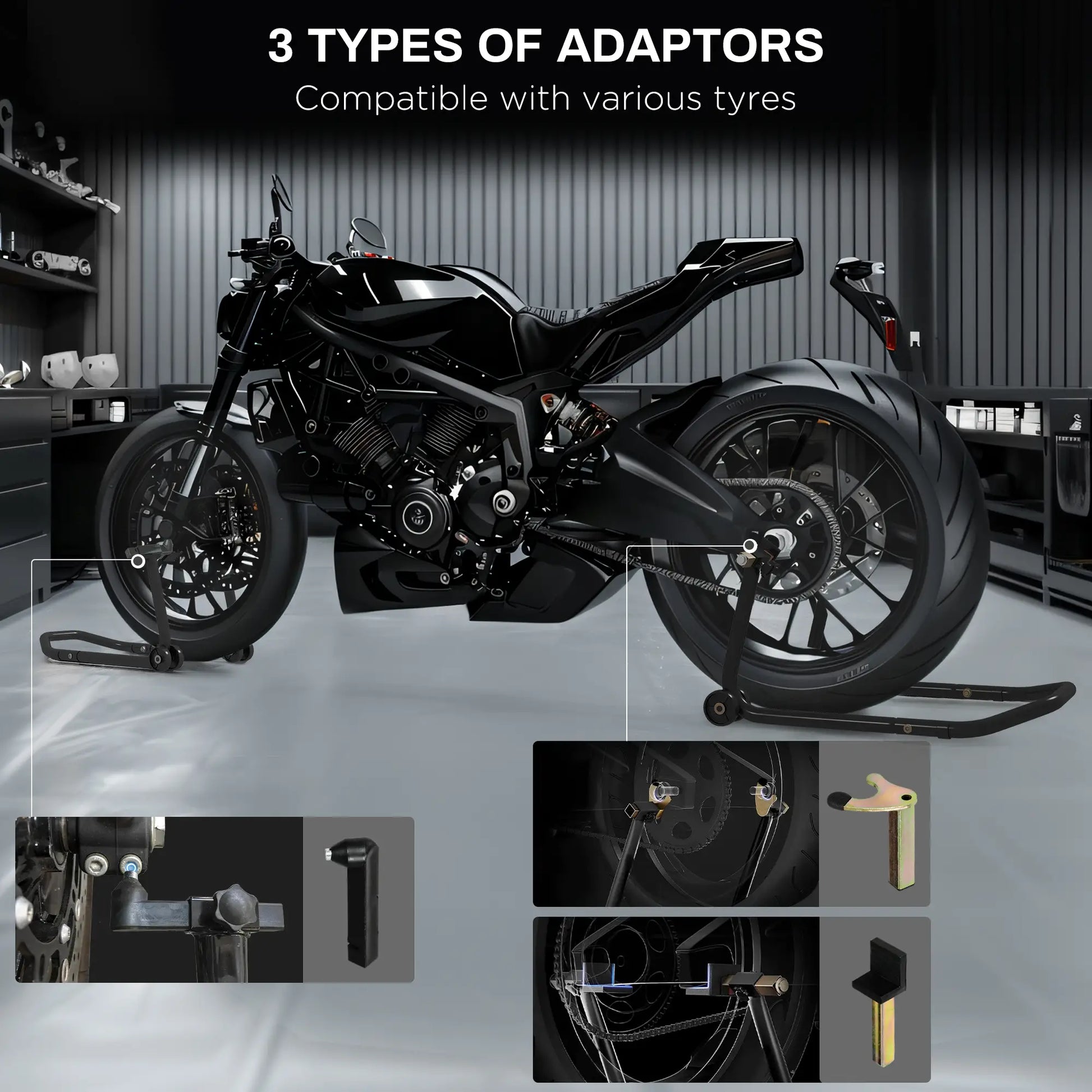 Convertible Motorcycle Stand, Front Rear Lift, 3 Adaptors, Black Automotive at Gallery Canada