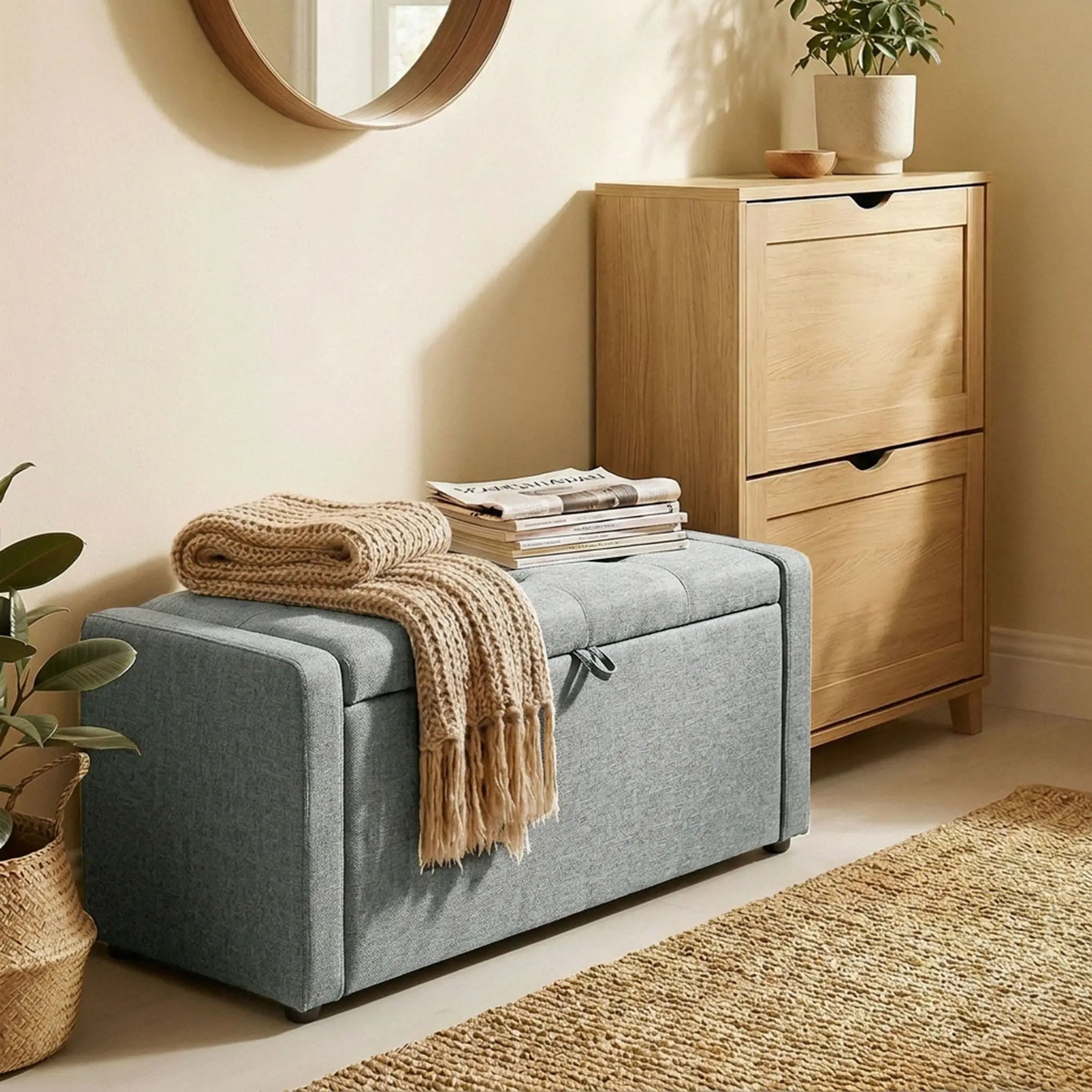 Storage Ottoman Bench, Linen Fabric, Light Grey Storage Ottomans & Benches at Gallery Canada