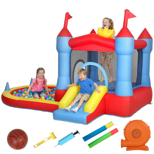 Inflatable Bounce House With Slide, Pool, Ball Pit, Basketball Hoop Inflatables Blue, Red, Yellow at Gallery Canada