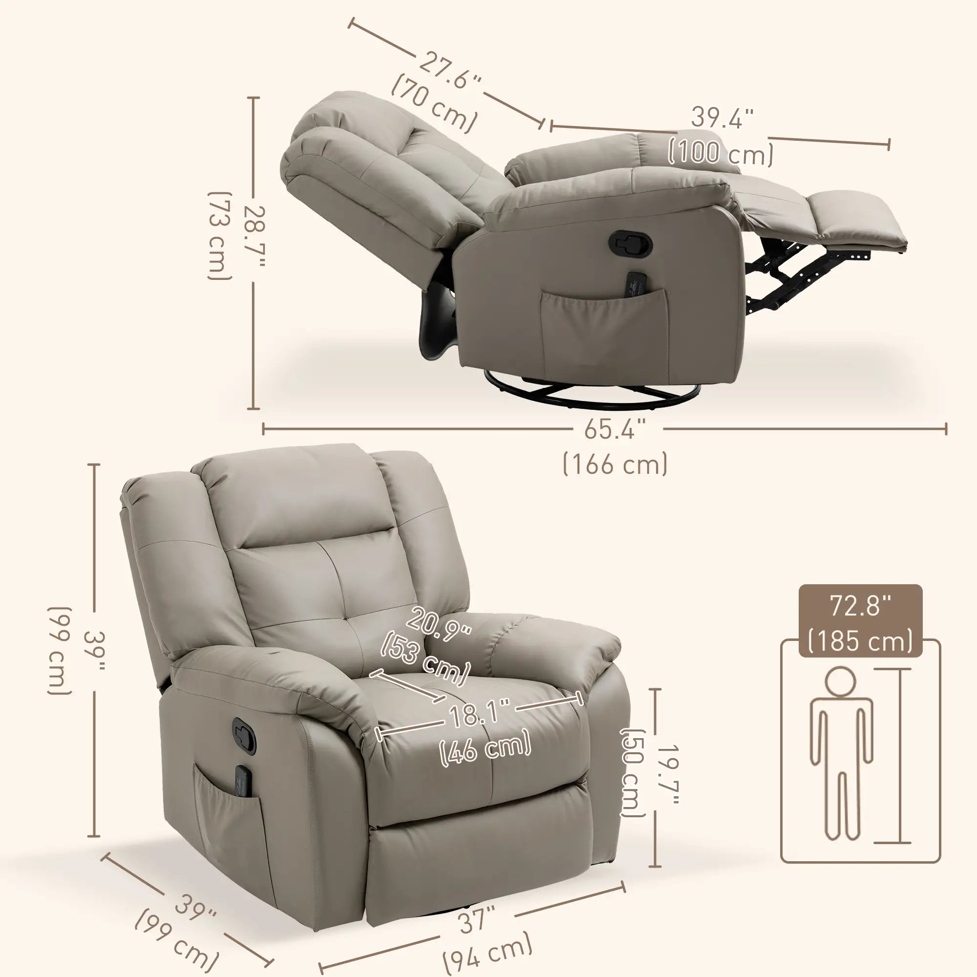 8-Point Vibration Massage Recliner, PU Leather 360° Swivel, Grey Single Sofas at Gallery Canada