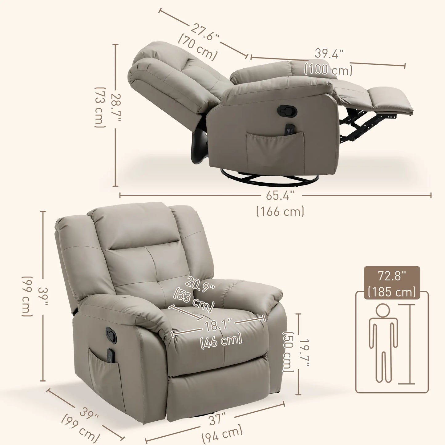 8-Point Vibration Massage Recliner, PU Leather 360° Swivel, Grey Single Sofas at Gallery Canada