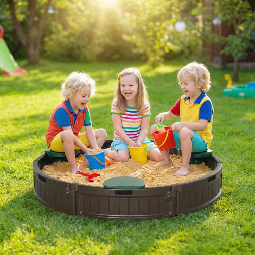 Kids Outdoor Sandbox with Cover, Waterproof Canopy, Fabric Liner, Brown