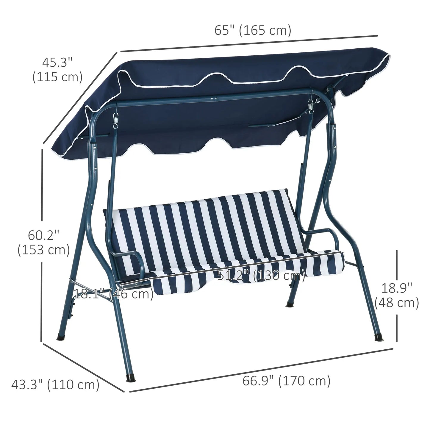 Outdoor Porch Swing, Adjustable Canopy, 3-Seater with Cushion, Blue Patio Swings with Stand at Gallery Canada