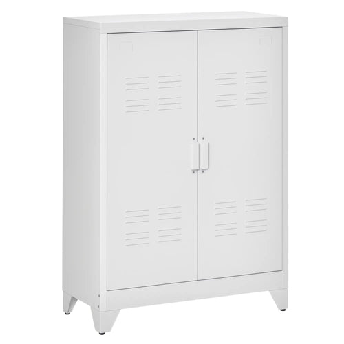Metal Storage Cabinet, 2 Louvered Doors, Adjustable Shelves, White