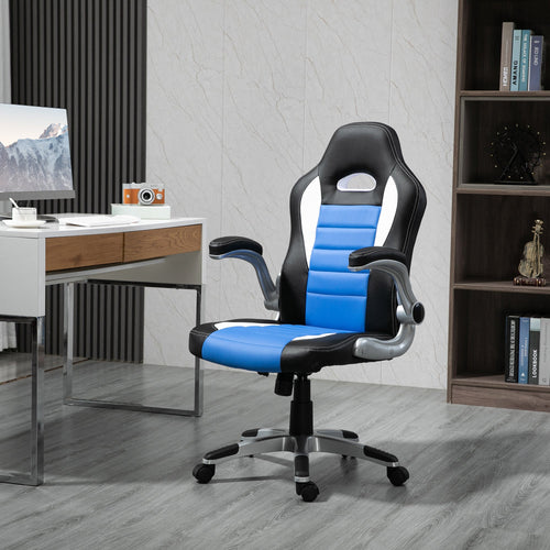 Racing Gaming Chair PU Leather Office Chair Executive Computer Desk Chair with Adjustable Height, Flip Up Armrest, Swivel Wheels, Blue