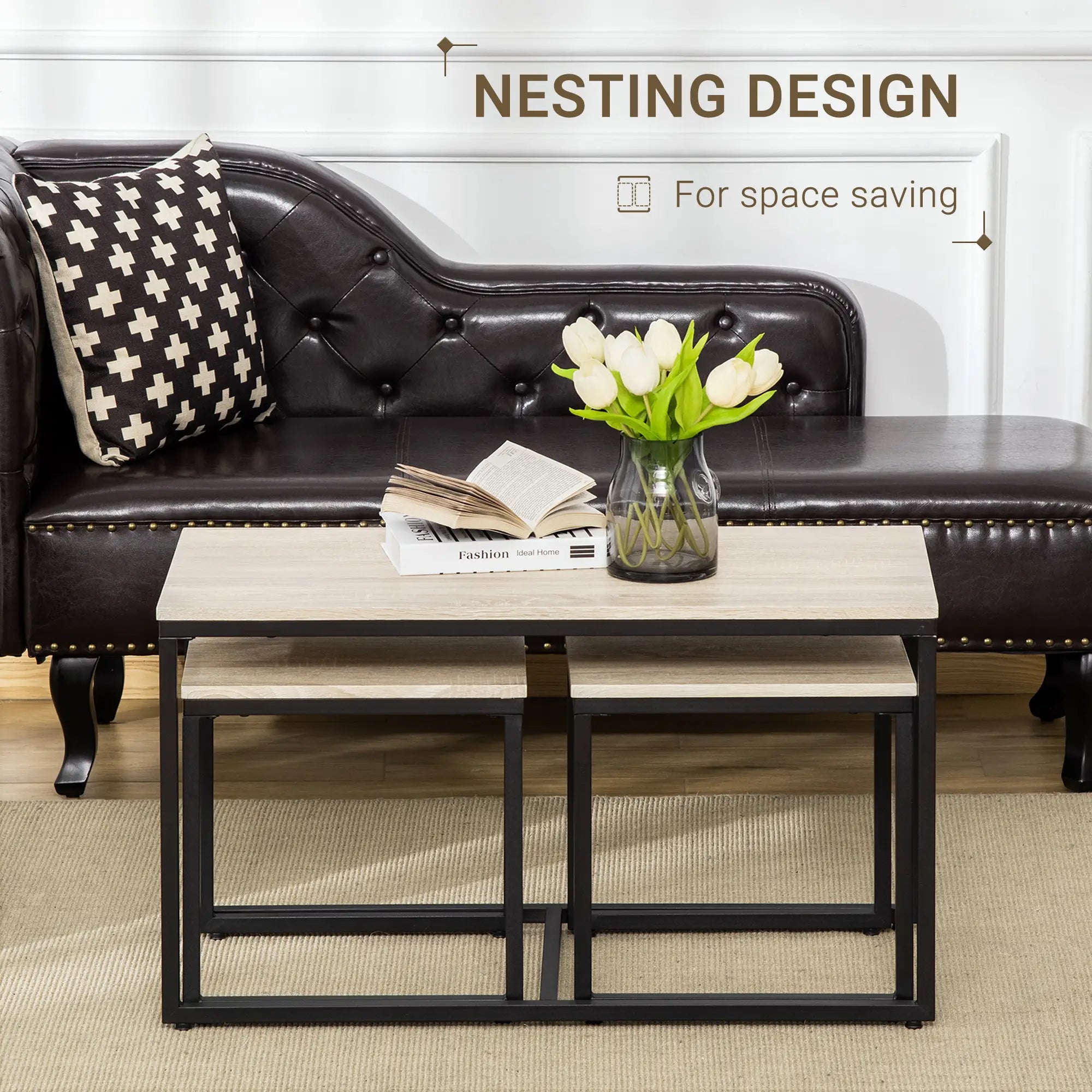 Nesting Coffee Table Set of 3, Metal Frame, Natural, Black Coffee Tables at Gallery Canada