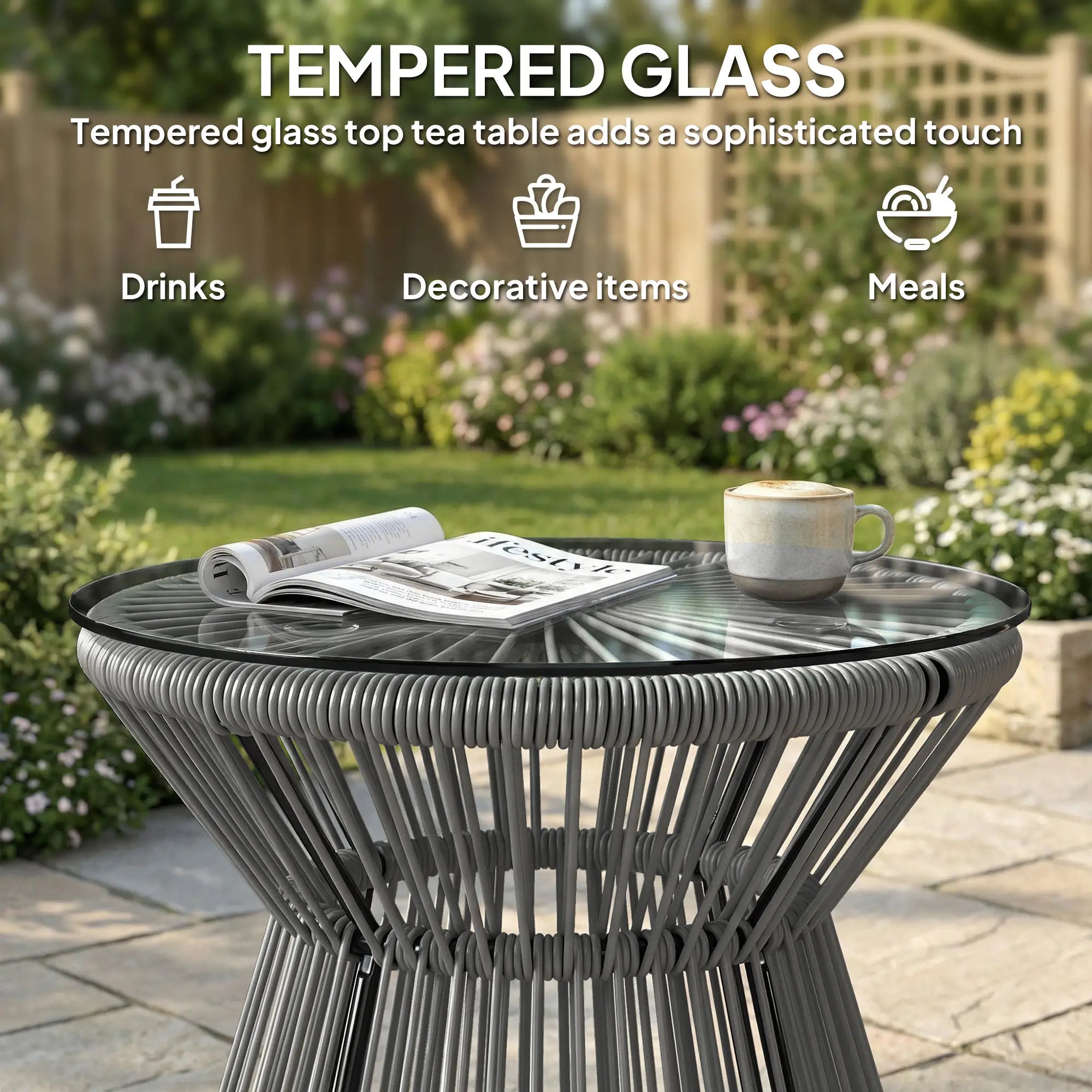 Round Rattan End Table, Hollow Drum Design, Glass Top, Dark Grey Patio Side Tables at Gallery Canada