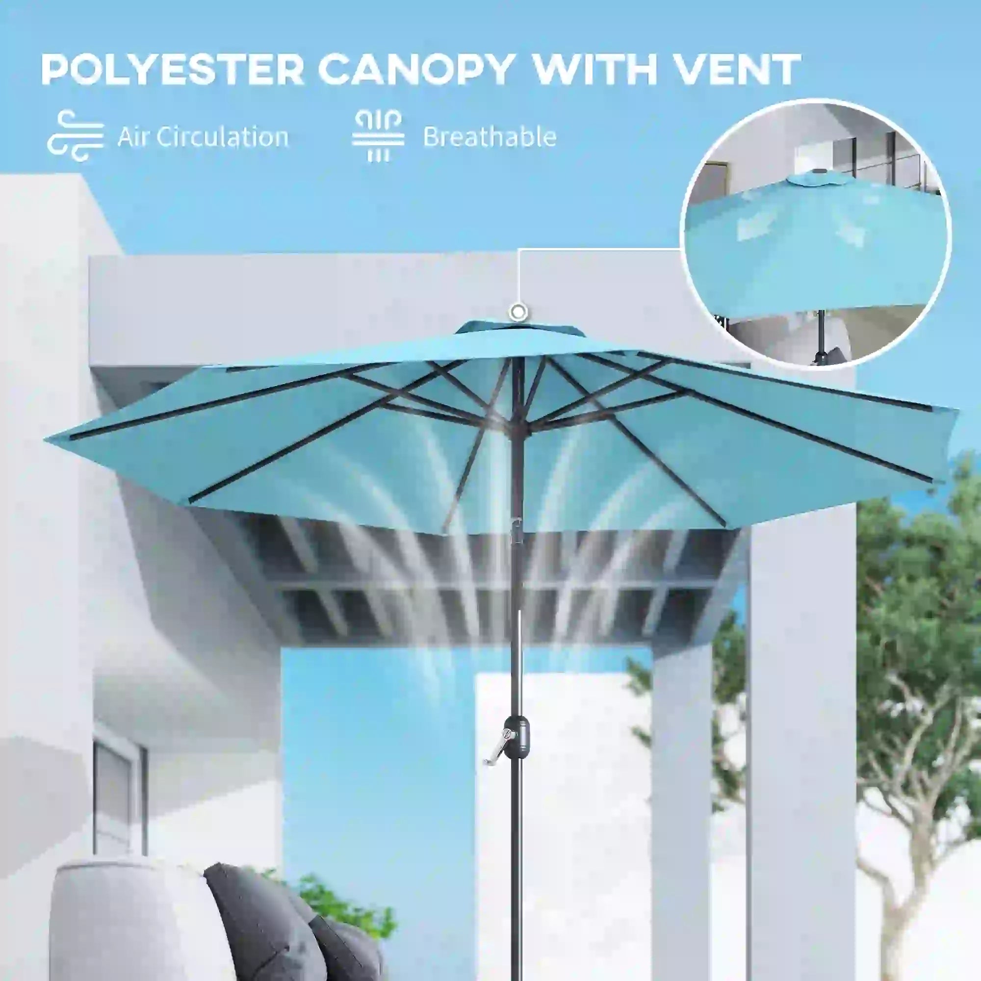 10' x 8' Round Market Umbrella, Crank Handle, Tilt, Sky Blue Sun Umbrellas at Gallery Canada