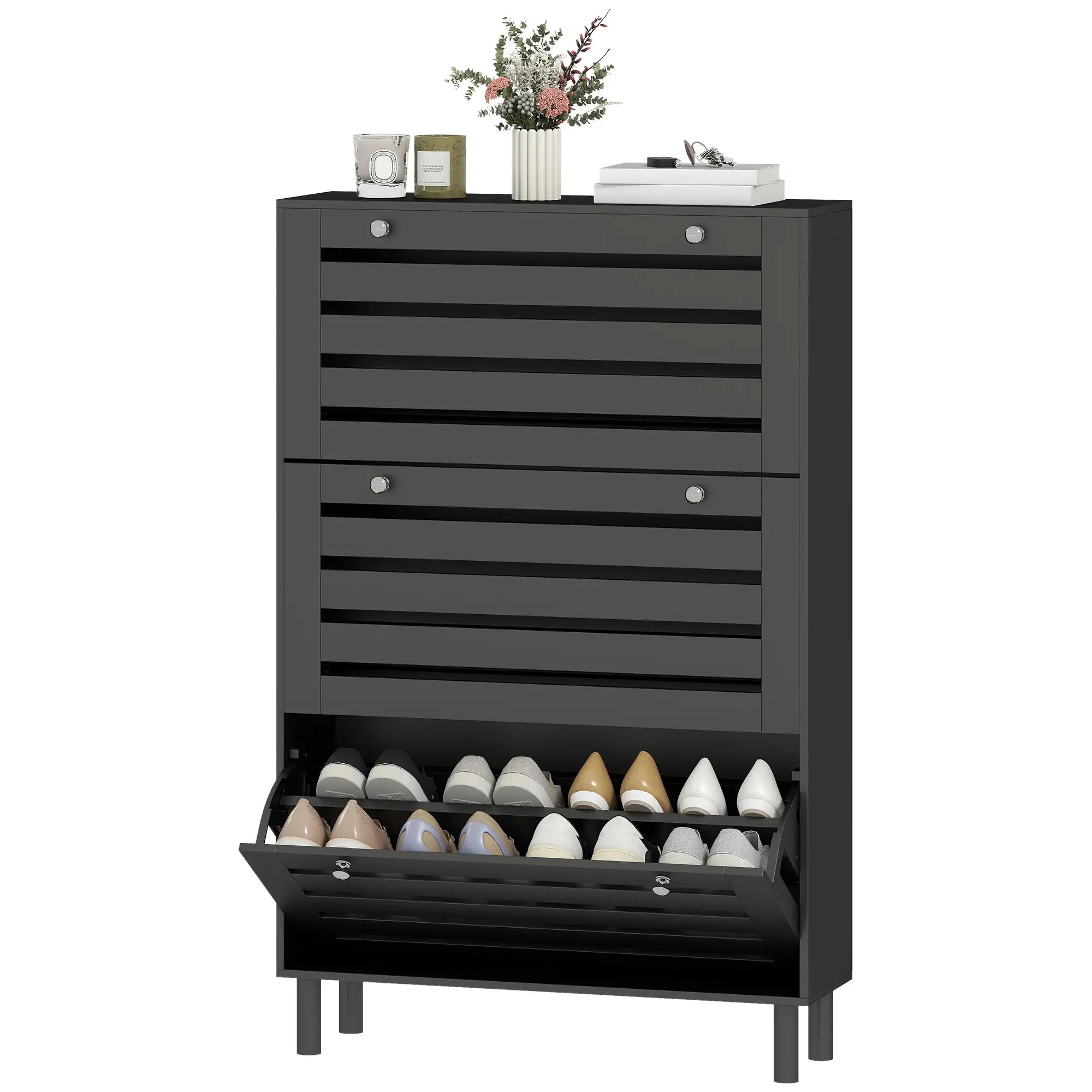 Narrow Shoe Storage Cabinet, 3 Flip Drawers, Adjustable Shelves, 24 Pairs, Black Shoe Storage Cabinets & Racks Black at Gallery Canada