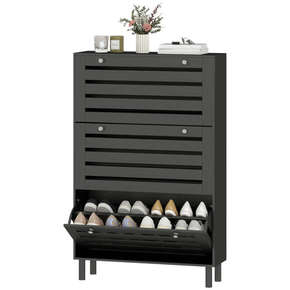Narrow Shoe Storage Cabinet, 3 Flip Drawers, Adjustable Shelves, 24 Pairs, Black Shoe Storage Cabinets & Racks Black at Gallery Canada