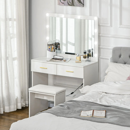 Makeup Vanity Desk Set with Stool, LED Mirror, Drawers, White