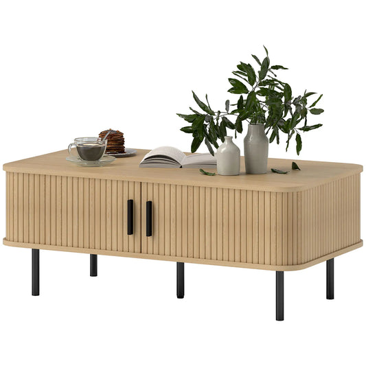 Coffee Table with Storage, Nordic Side Table, Slatted Tambour Doors, Steel Legs, Oak