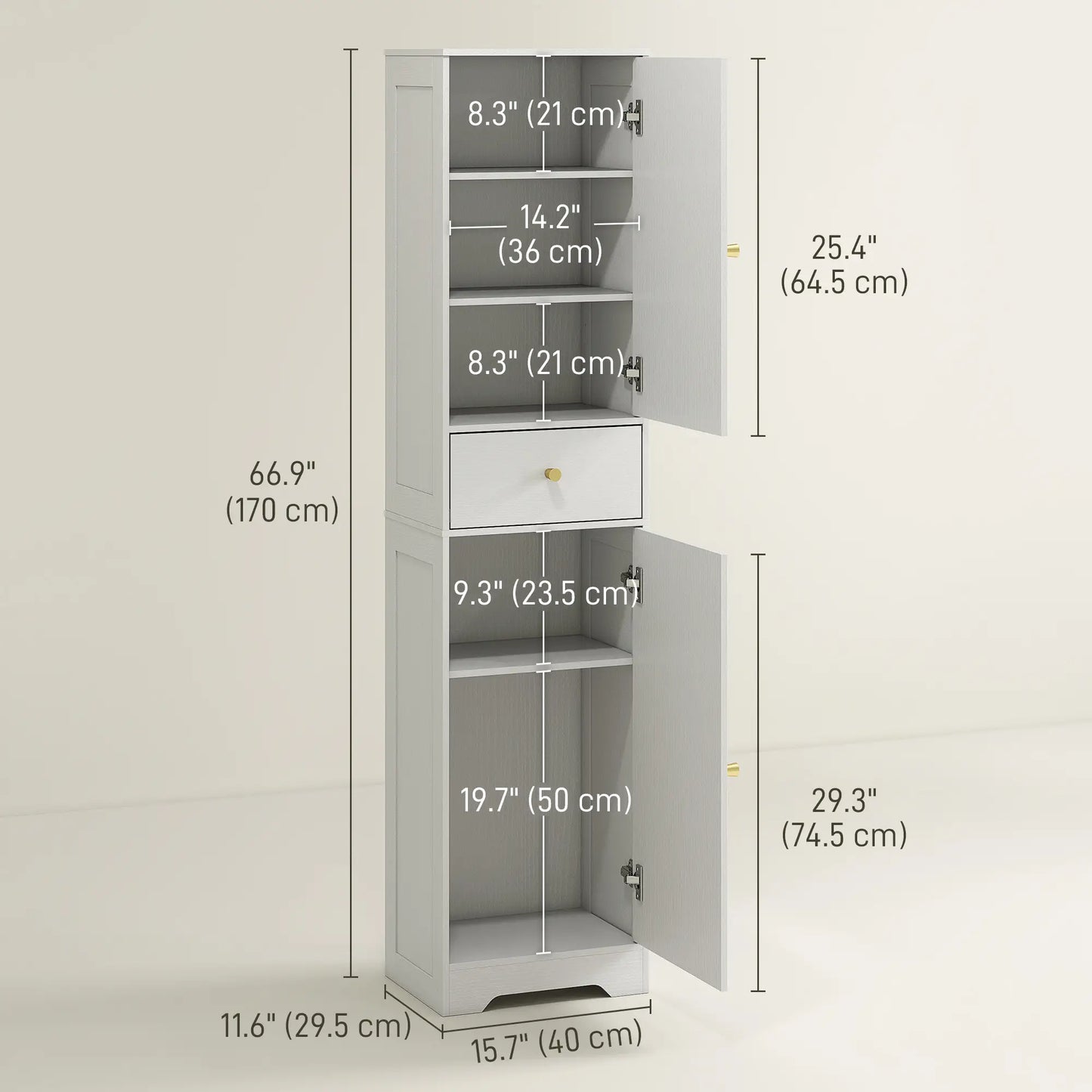 67" Tall Bathroom Cabinet, 2 Doors, Drawer, Adjustable Shelf, Wood Grain, White Bathroom Cabinets at Gallery Canada