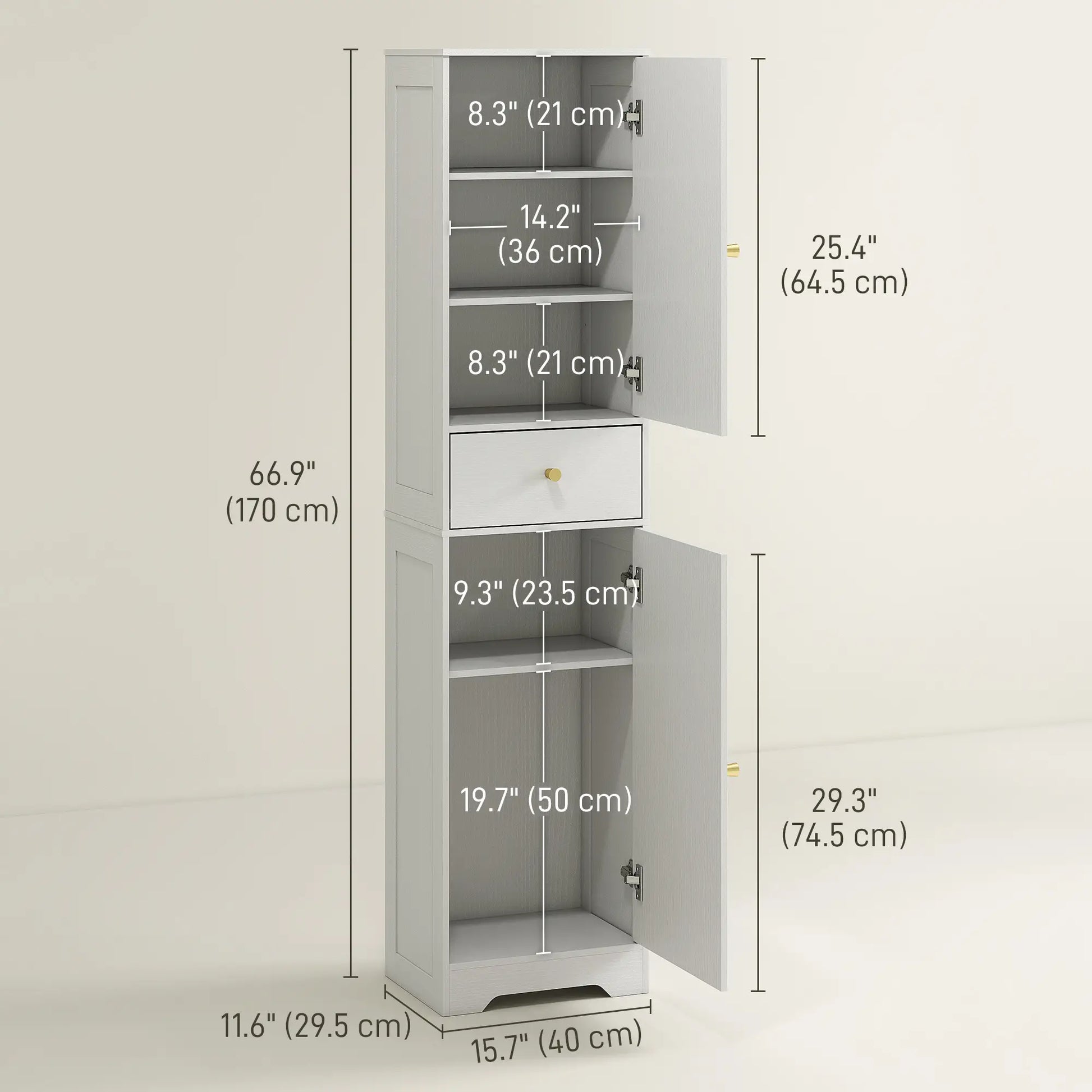 67" Tall Bathroom Cabinet, 2 Doors, Drawer, Adjustable Shelf, Wood Grain, White Bathroom Cabinets at Gallery Canada
