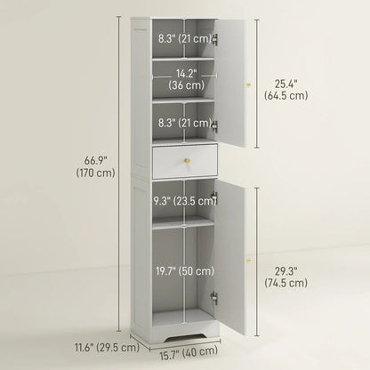 67" Tall Bathroom Cabinet, 2 Doors, Drawer, Adjustable Shelf, Wood Grain, White Bathroom Cabinets at Gallery Canada