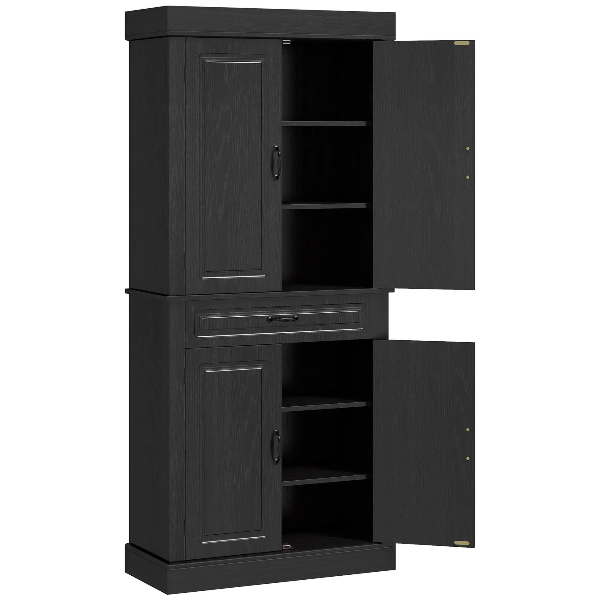71" Freestanding Kitchen Pantry, 4 Doors 2 Cabinets, Distressed Black, Black Kitchen Pantry Cabinets Distressed Black at Gallery Canada