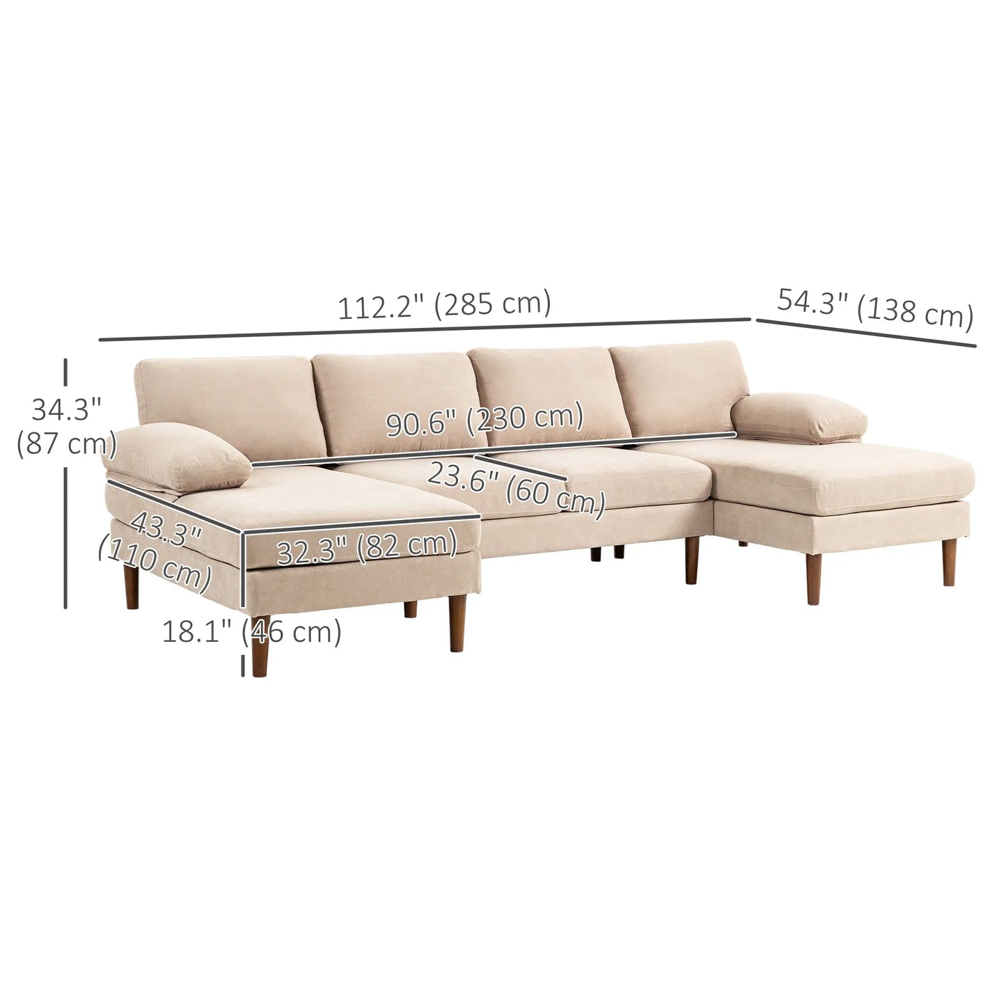 U Shape Couch, Double Chaise Lounge, 4 Seater Sofa, Wooden Legs, Beige Sofas & Reclining Chairs at Gallery Canada