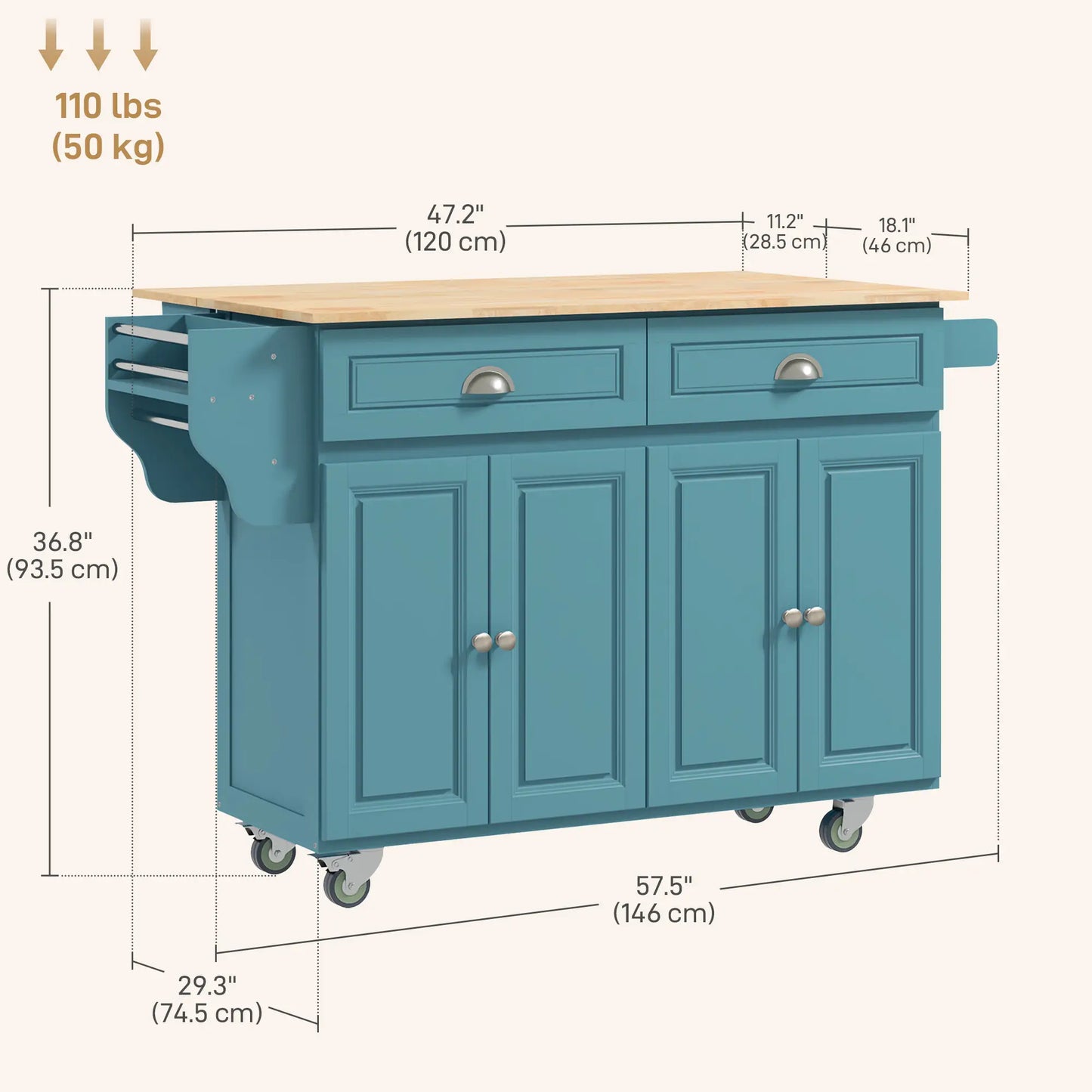 Rolling Kitchen Island with Storage, Drop Leaf, Rubber Wood Top, Light Blue Kitchen Islands & Kitchen Carts at Gallery Canada