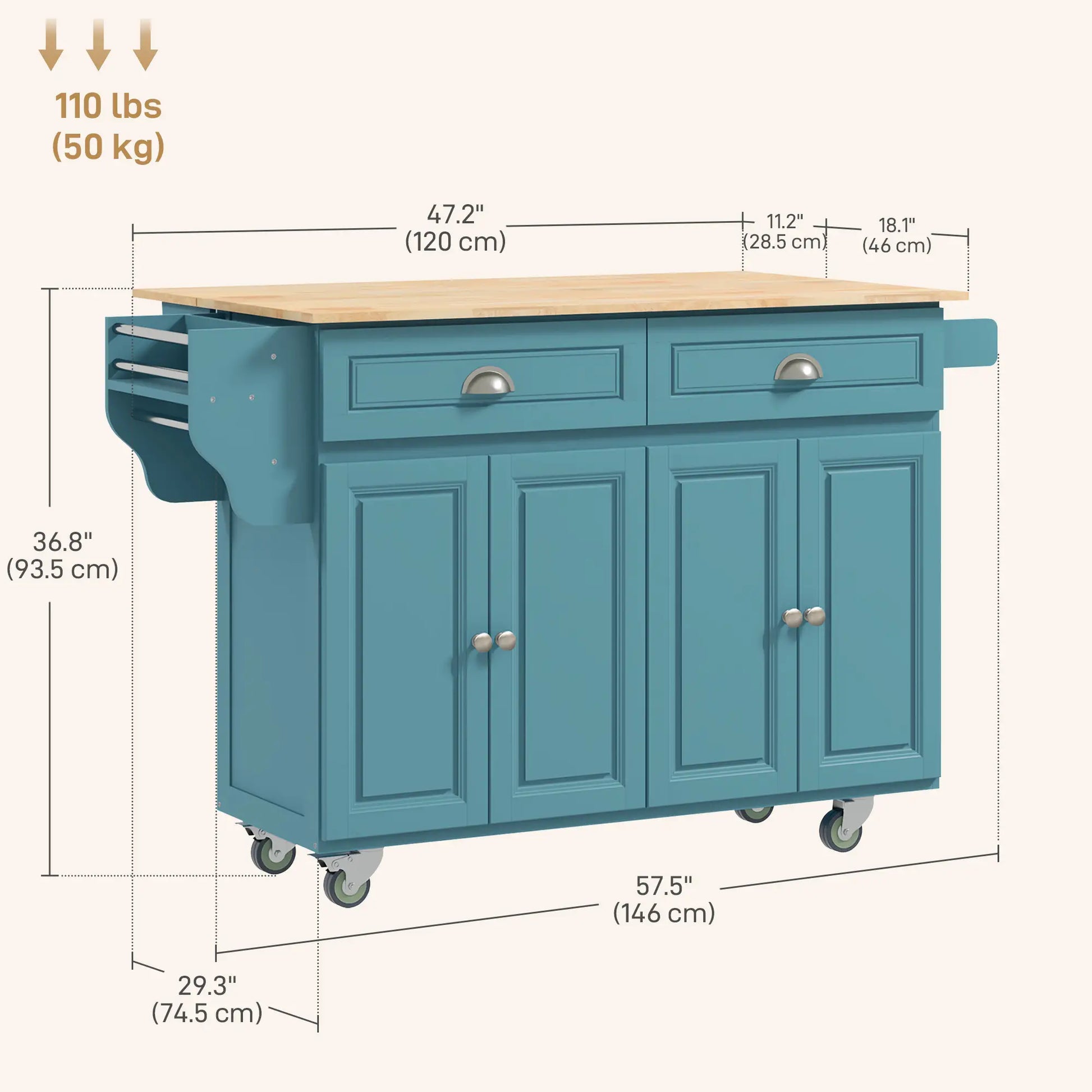 Rolling Kitchen Island with Storage, Drop Leaf, Rubber Wood Top, Light Blue Kitchen Islands & Kitchen Carts at Gallery Canada