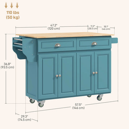 Rolling Kitchen Island with Storage, Drop Leaf, Rubber Wood Top, Light Blue Kitchen Islands & Kitchen Carts at Gallery Canada