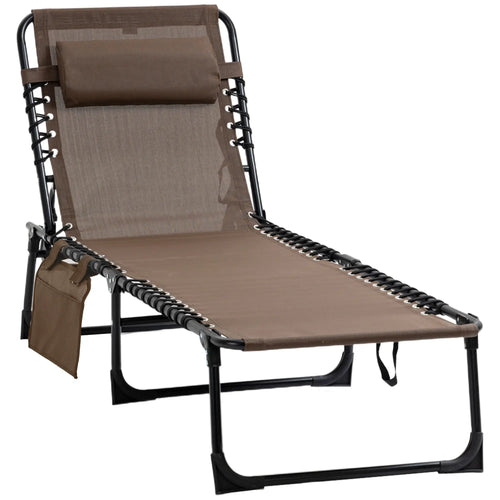 Outdoor Folding Chaise Lounge, Adjustable Backrest, Removable Pillow, Brown