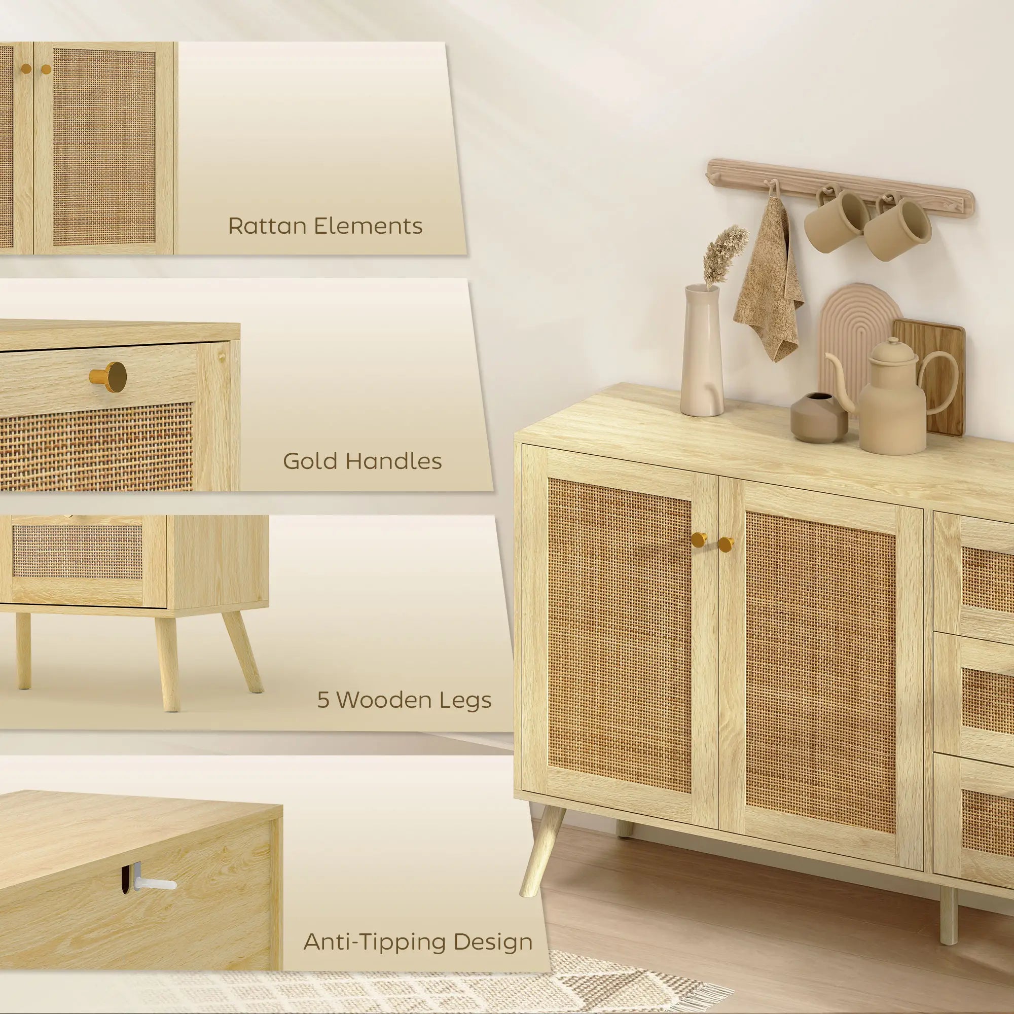 47 Inch Buffet Cabinet, Rattan Sideboard with Drawers, Natural Bar Cabinets at Gallery Canada