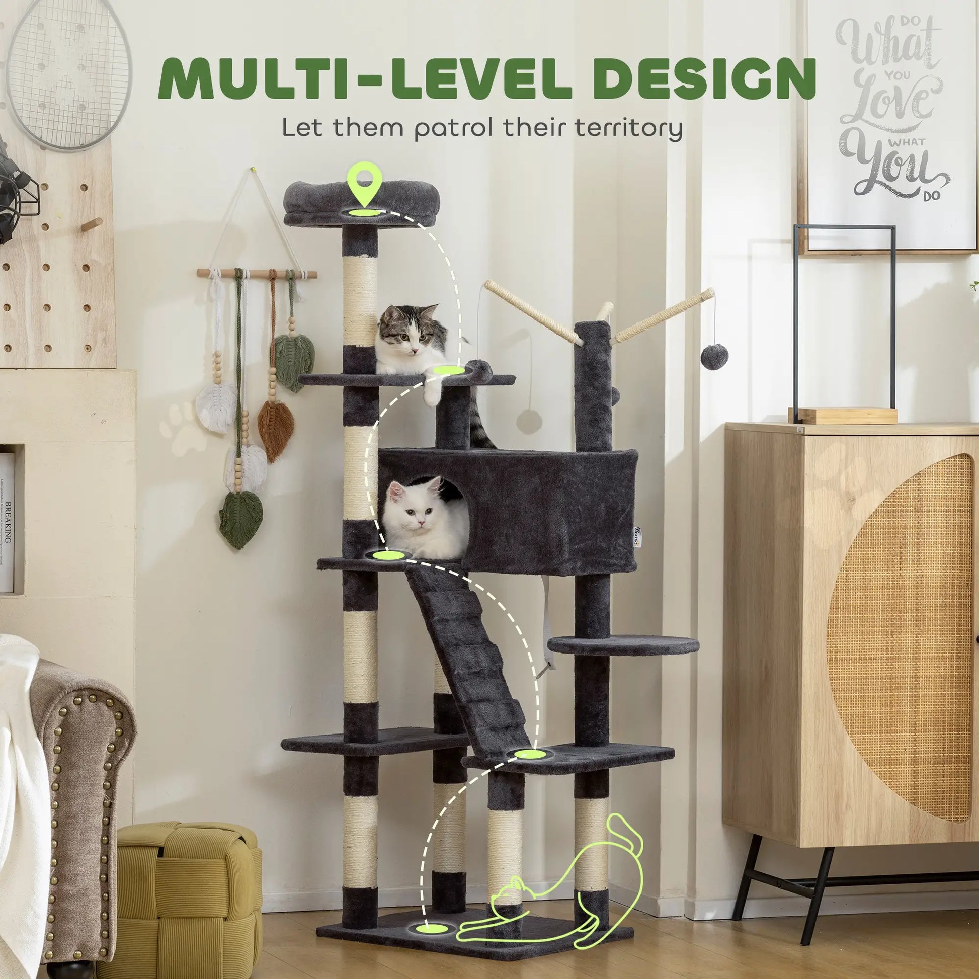 59 Inch Large Cat Tree with Sisal Posts, Condo, Perch, Ladder, Balls, Dark Grey Cat Trees at Gallery Canada