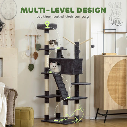 59 Inch Large Cat Tree with Sisal Posts, Condo, Perch, Ladder, Balls, Dark Grey Cat Trees at Gallery Canada