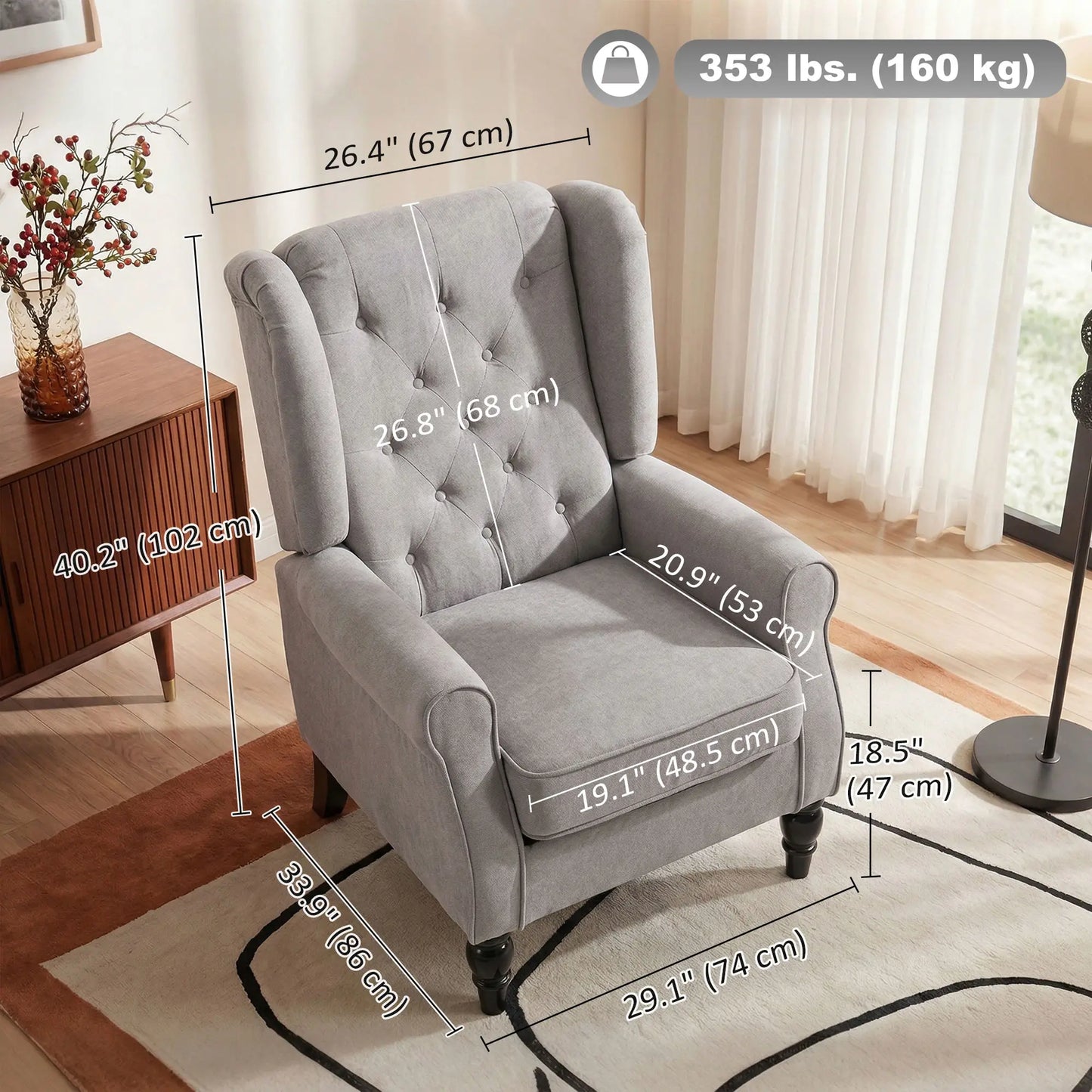Fabric Accent Chair, Button Tufted Armchair, Modern Living Room, Wood Legs, Grey Accent Chairs at Gallery Canada