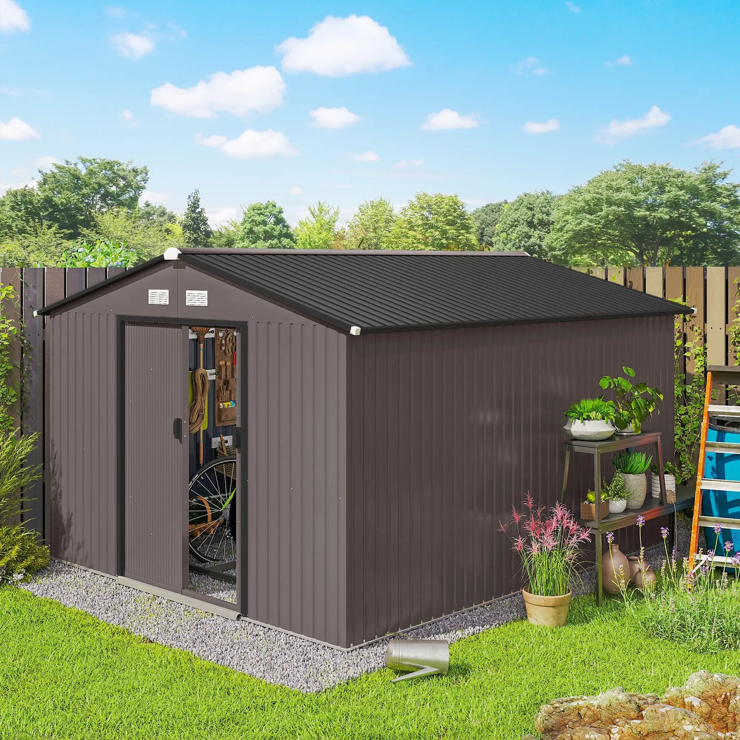 9' x 10.6' Garden Storage Shed, Foundation Kit, Metal Tool House, Double Doors, Brown Sheds at Gallery Canada
