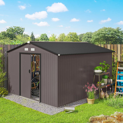 9' x 10.6' Garden Storage Shed, Foundation Kit, Metal Tool House, Double Doors, Brown