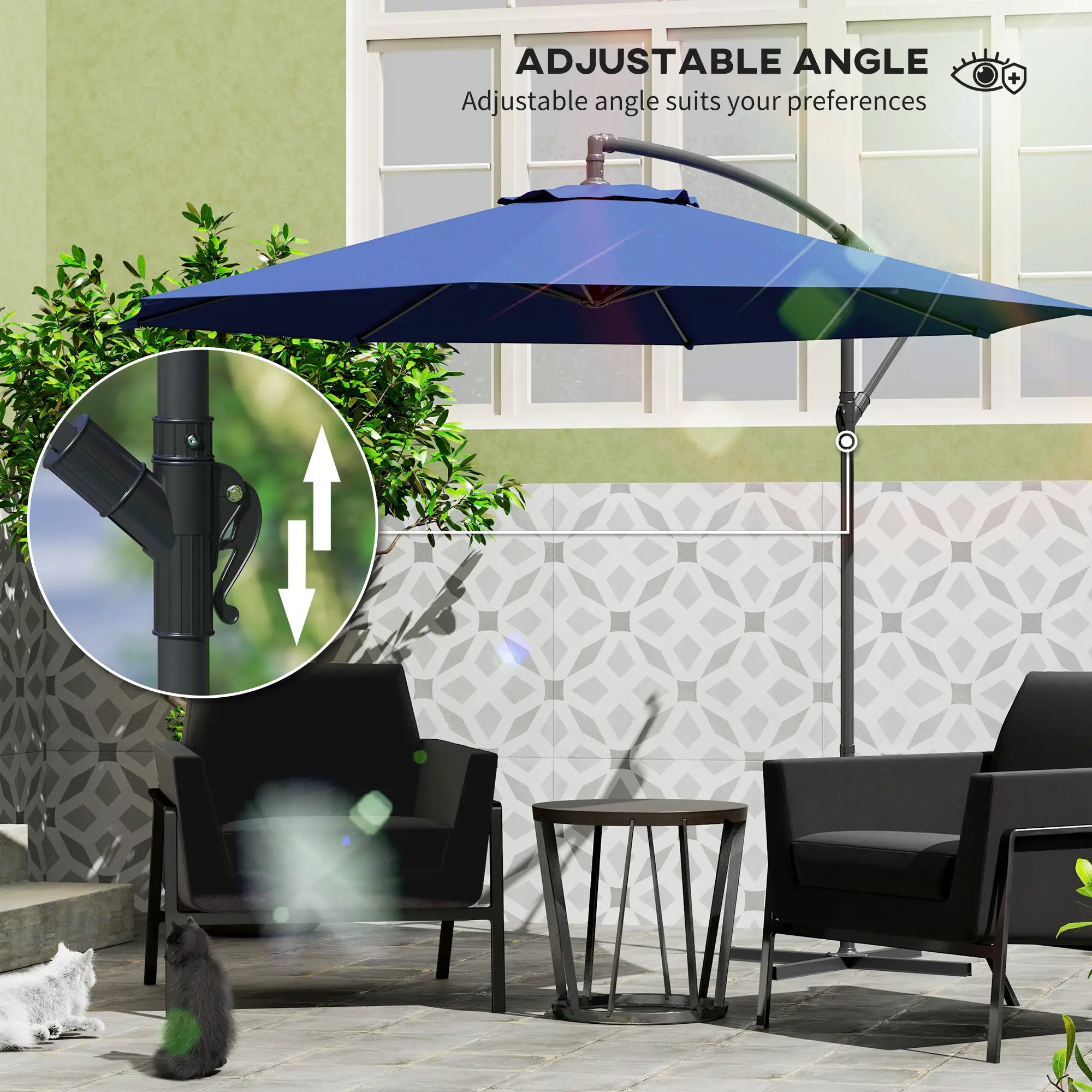 9.7ft Offset Patio Umbrella, 8 Ribs, Crank Handle, Cross Base, Blue Offset Cantilever Umbrellas at Gallery Canada