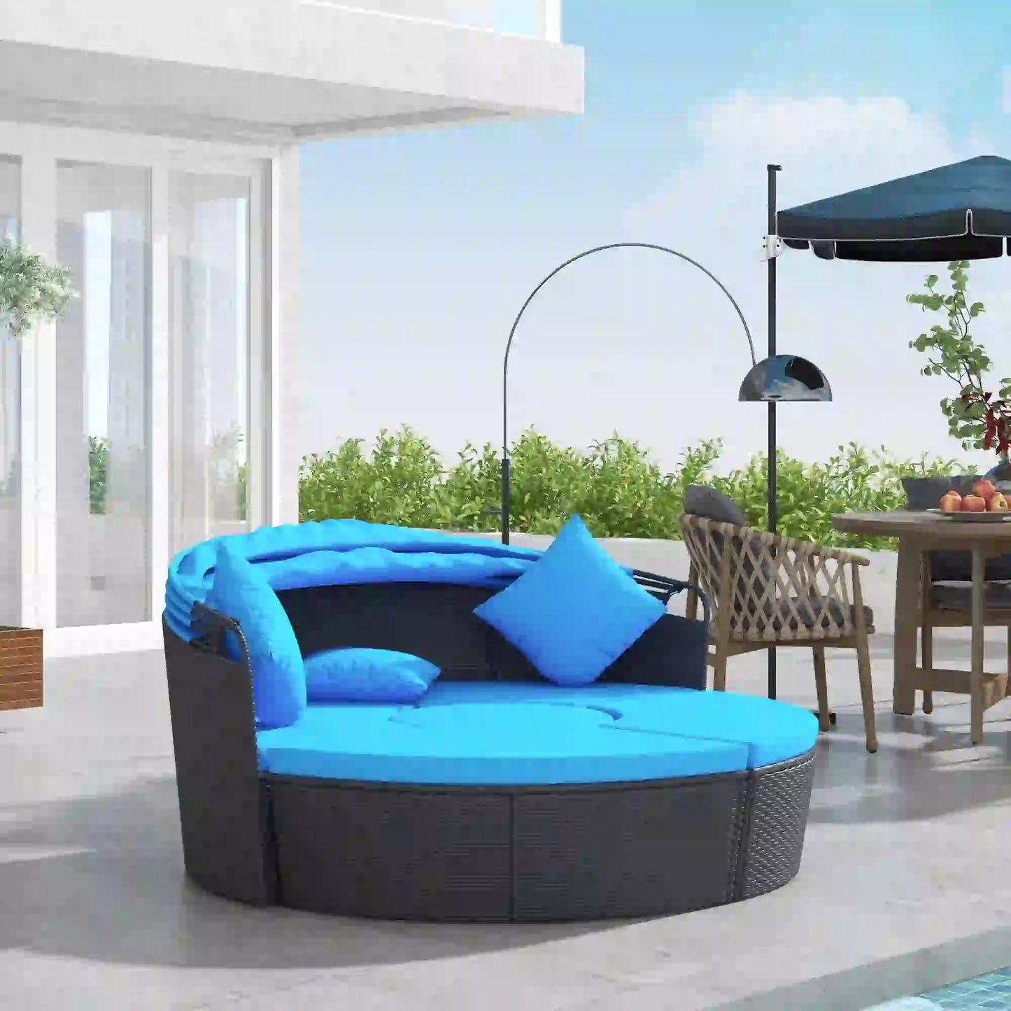 4-Piece Round Sofa Bed, Outdoor Daybed, Retractable Canopy, PE Rattan Daybeds at Gallery Canada