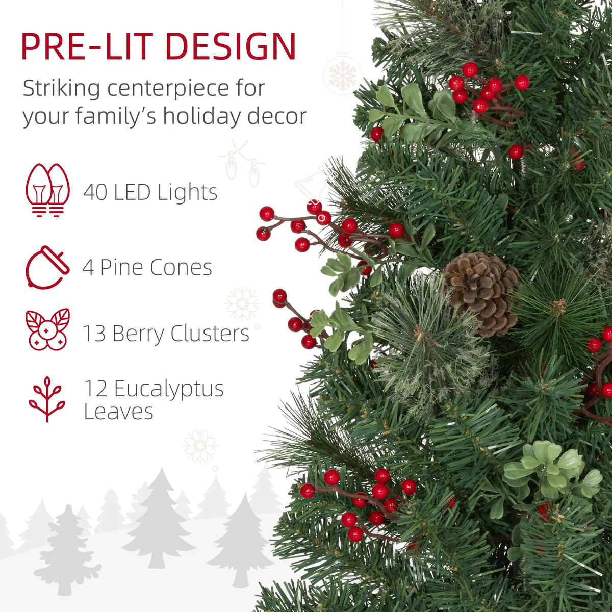 2ft 2 Pack Arbre de Noël Artificiel, Pré-éclairé avec Baies Rouges, Vert