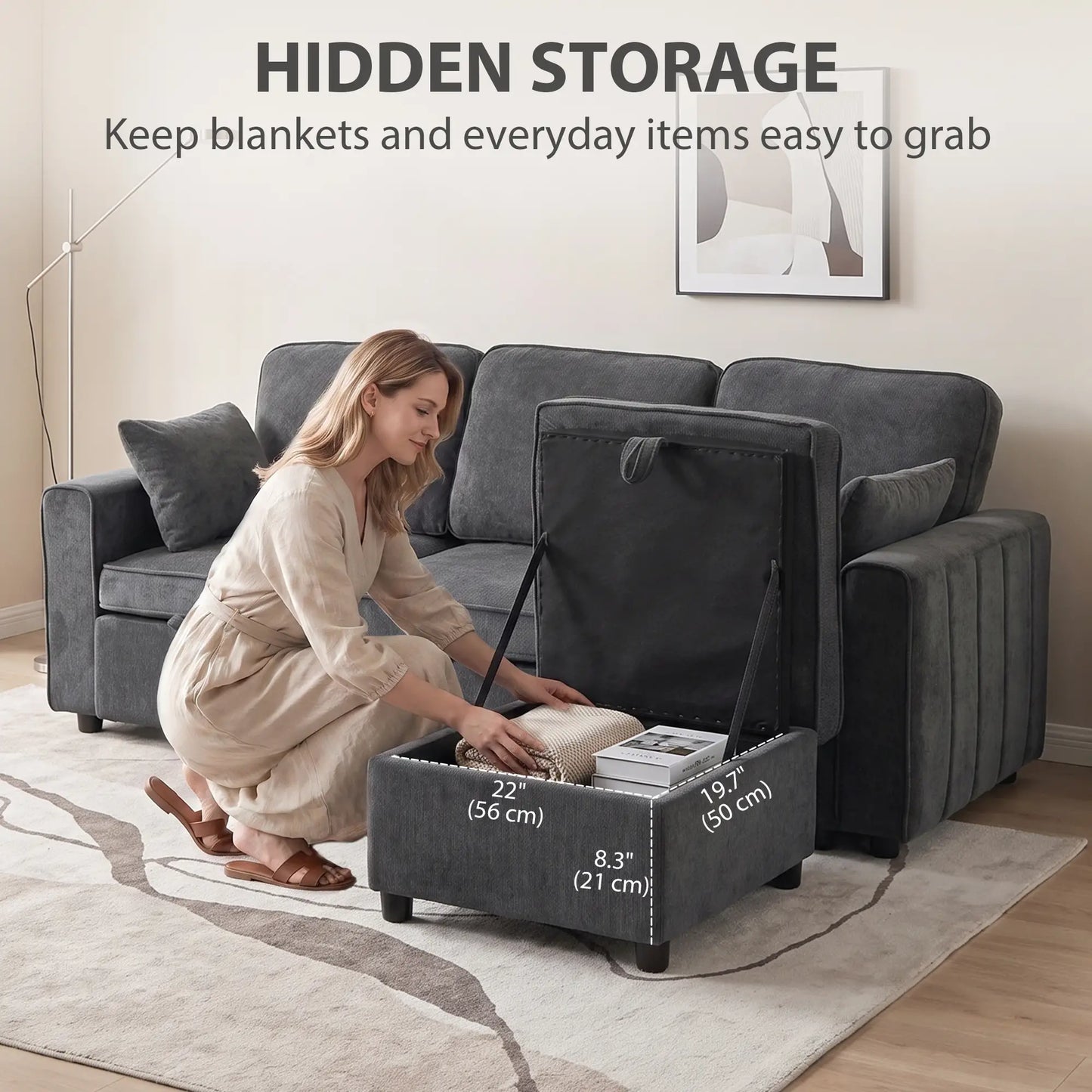Modular Sectional Sofa Bed With Reversible Ottoman, Dark Grey