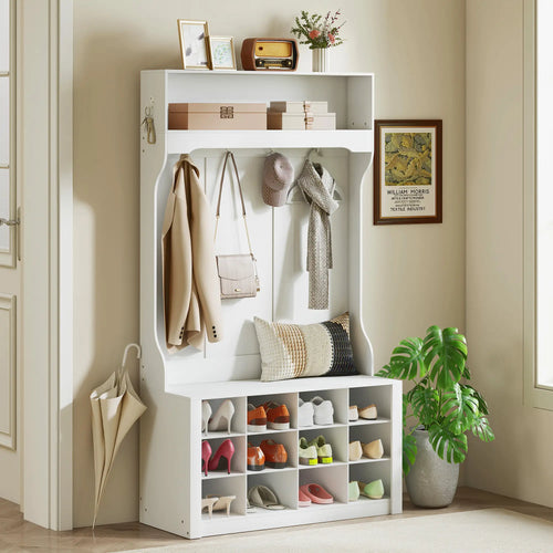 4-In-1 Hall Tree with Bench, Shoe Storage, 12 Cubbies, 6 Hooks, White