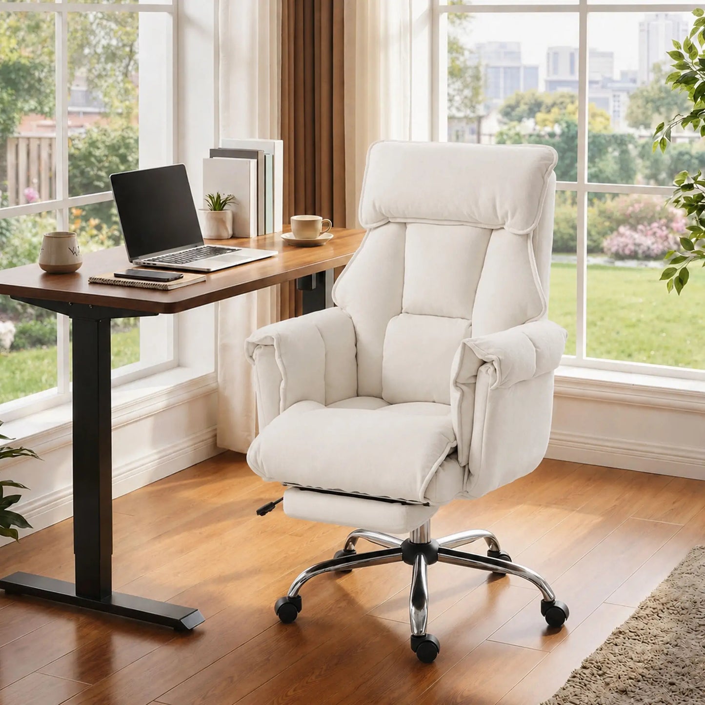 Desk Chair With Footrest, Adjustable Backrest, Cream White, Cream White