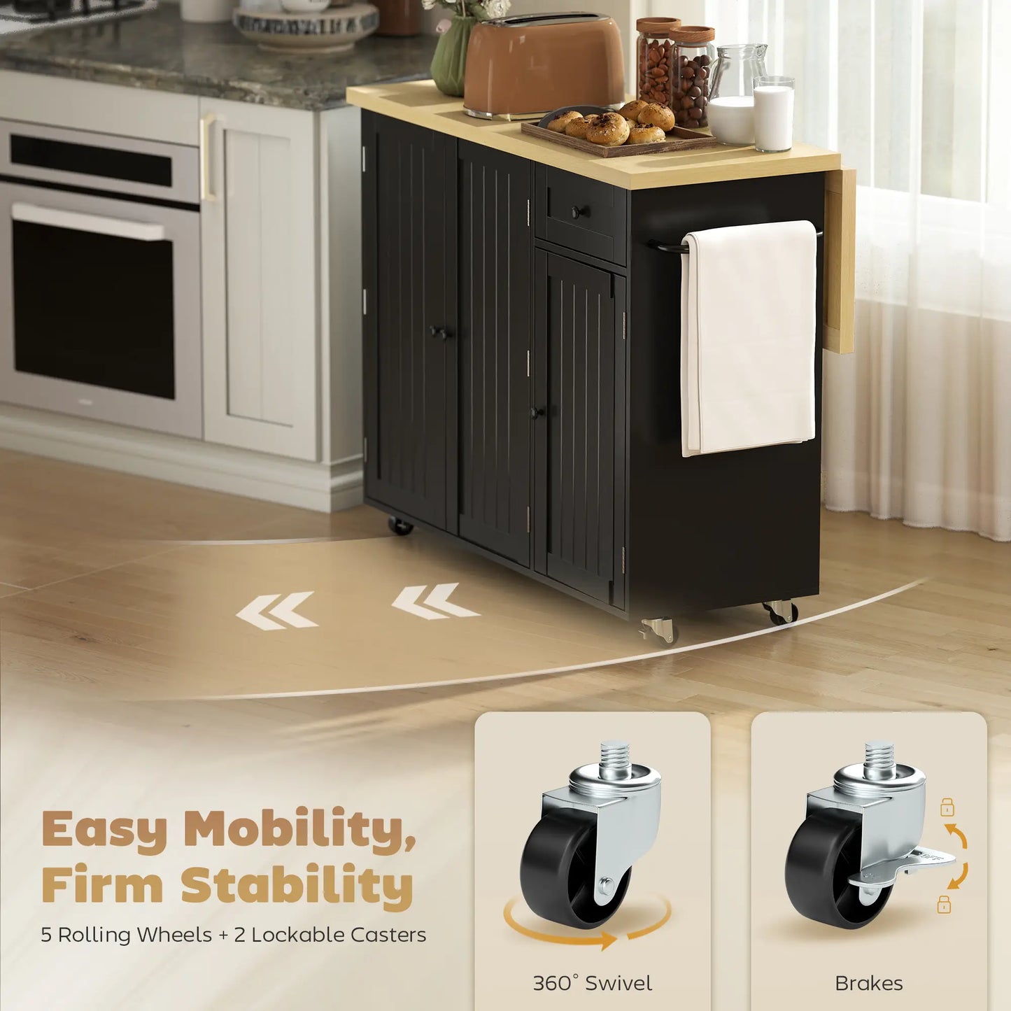 Kitchen Island Cart With Drop Leaf, Drawer, Rack, Black