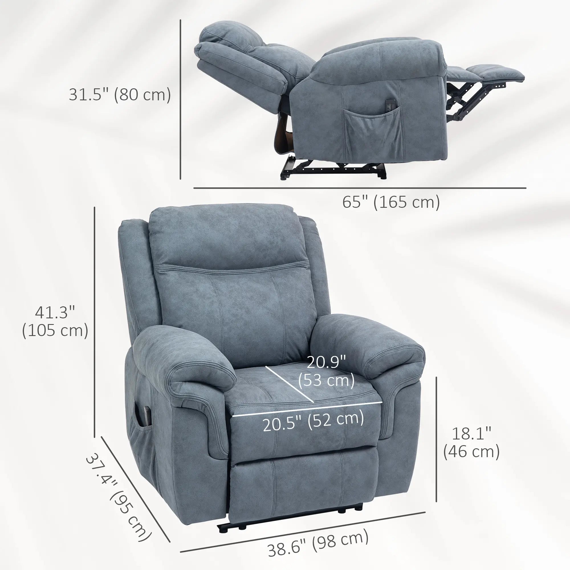 Manual Recliner Chair, Vibration Massage, Side Pockets, Microfibre, Blue-Grey Sofas & Reclining Chairs at Gallery Canada