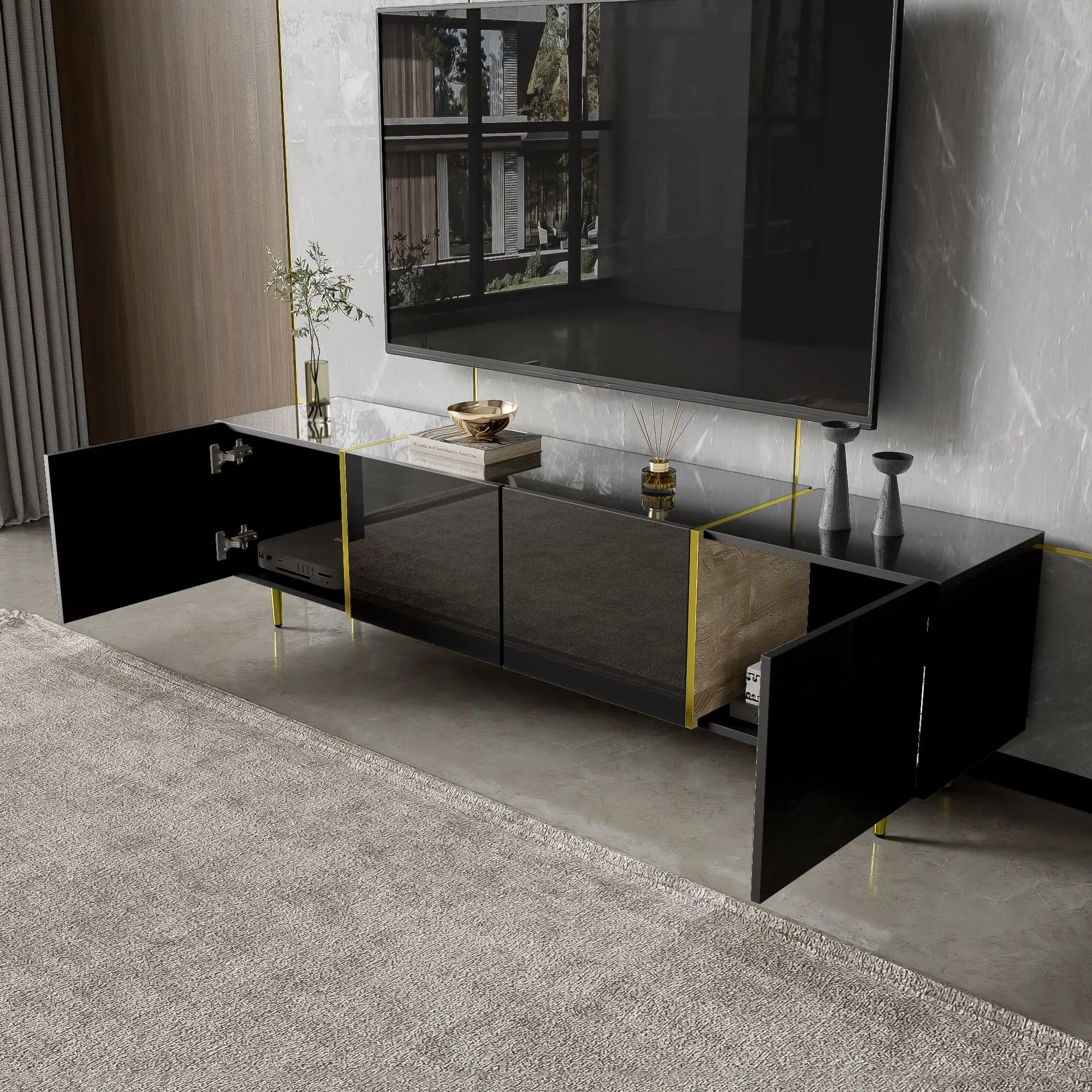 Modern TV Stand, 4 Doors, Soft-Close Hinges, 67