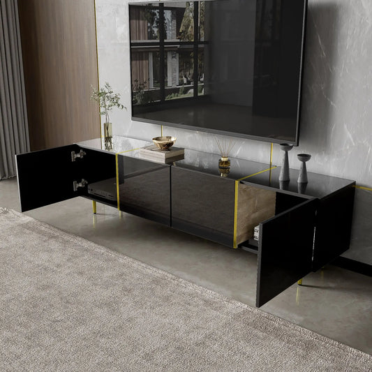 Modern TV Stand, 4 Doors, Soft-Close Hinges, 67" L x 13.5" W x 18" H, Black TV Stands Black at Gallery Canada