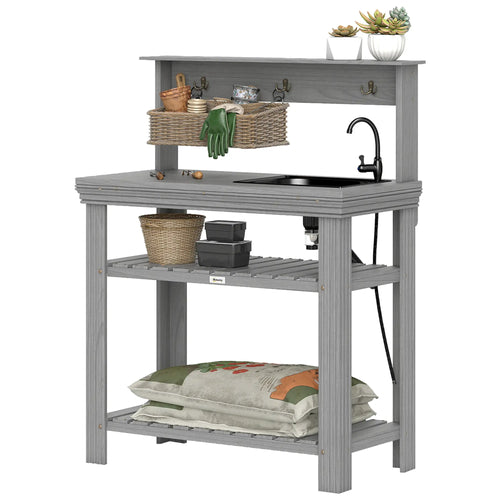 Outdoor Potting Bench With Faucet, Removable Sink, Hooks, Storage Shelves, Grey