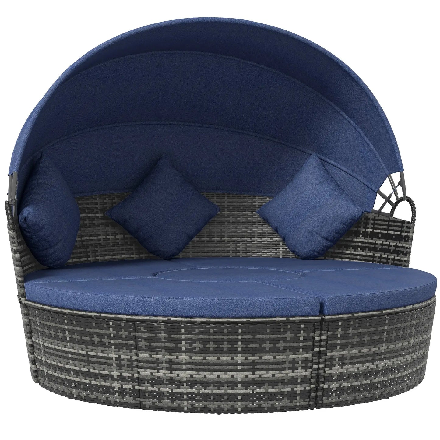 Outdoor Daybed with Canopy, Wicker Round Sofa, 4 Pieces, Dark Blue Patio Furniture Sets Grey Rattan, Dark Blue Cushion at Gallery Canada