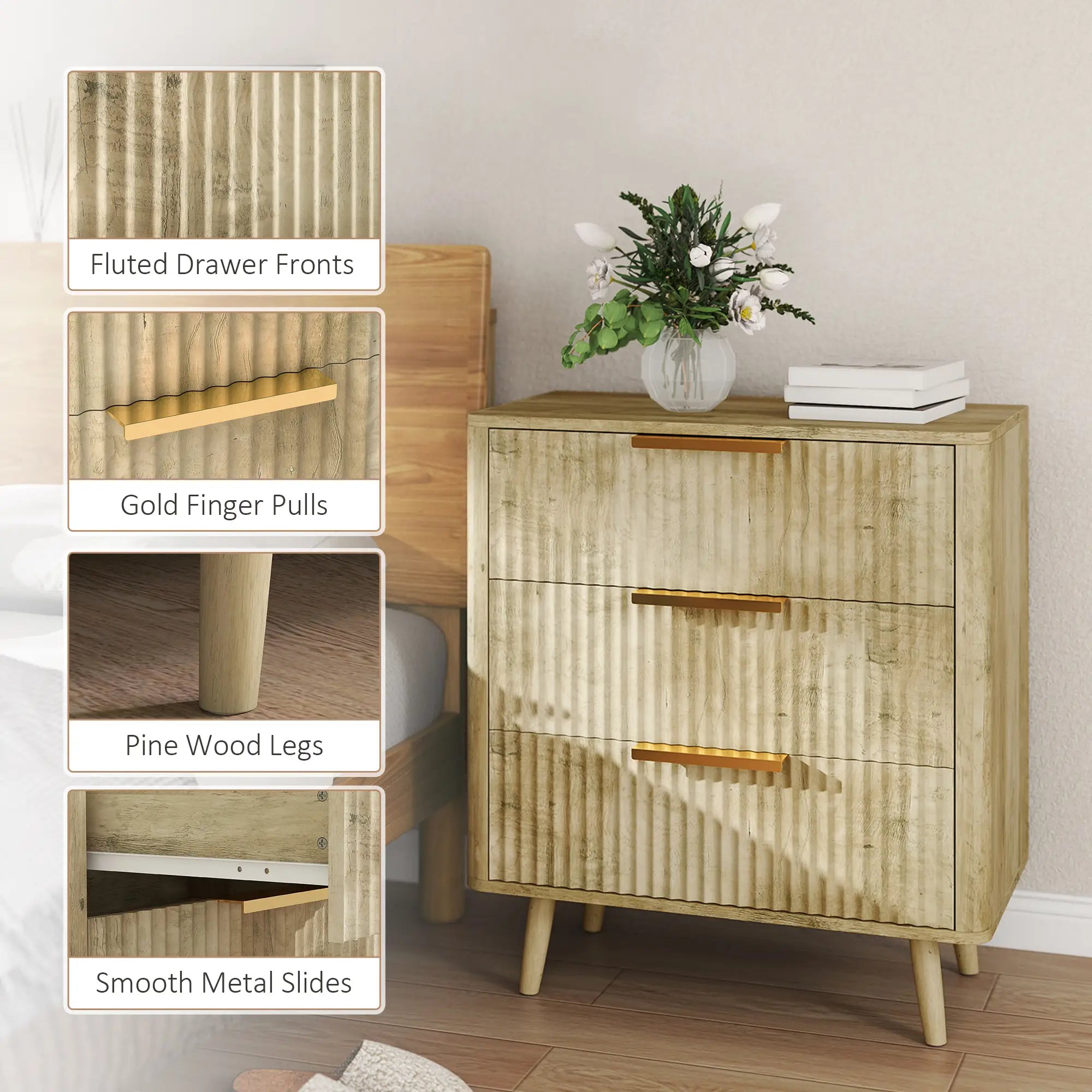 Fluted Chest of Drawers, Modern 3 Drawer Dresser with Pine Wood Legs, Oak Storage Cabinets at Gallery Canada